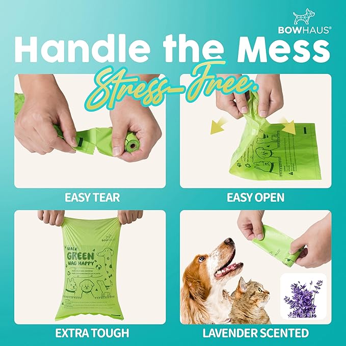 Lavender Scented Dog Poop Bags w/Dispenser, 80% PCR Eco-Friendly Materials, 9” x 13” Extra Thick Leak Proof Waste Bag for Pet, Doggy Bag Refill Rolls, Versatile Dog Waste Bags, 600 Counts