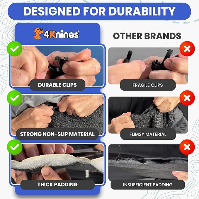 4Knines Dog Backseat Cover with Hammock for Cars, SUVs, and Trucks – Waterproof Layers, Nonslip Seat Protector, Durable Nylon Clips, K9 Shield with Heavy Duty Thread, (Extra Large, Grey)