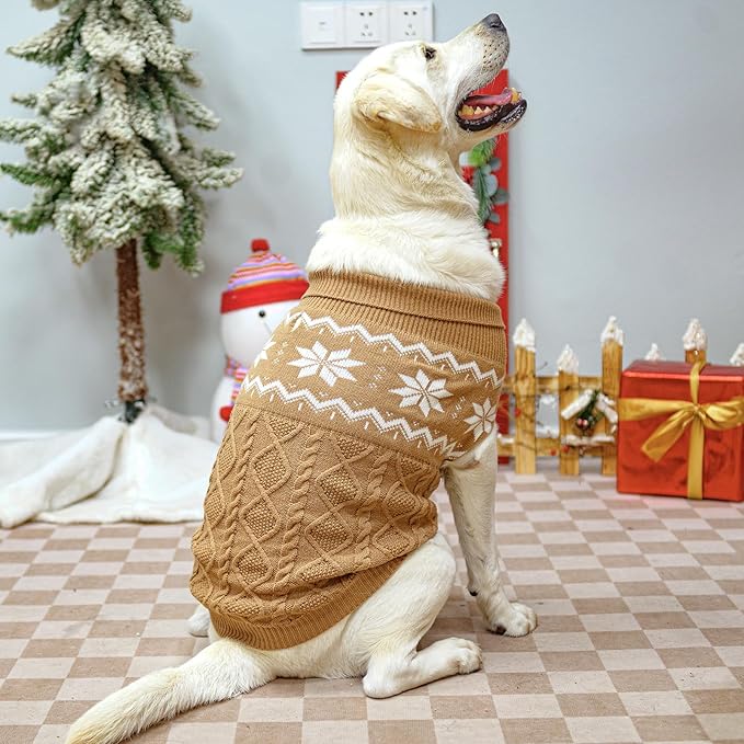 Warm Winter Dog Sweater - Cold Weather Pet Clothes for Small Medium Large Dogs Indoor Outdoor, Soft Classic Knit Puppy Apparel, Khaki, L