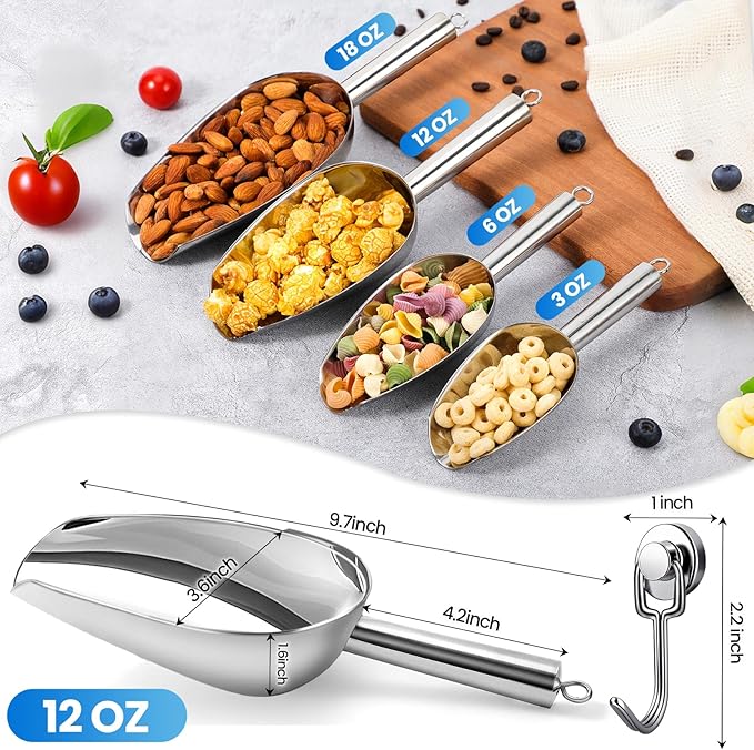 12oz Stainless Steel Ice Scoop for Freezer with Magnetic Hook– Dishwasher Safe Ice Scooper for Ice Machine with Long Handle – Metal Scoop for Ice Bucket, Dog Food, Flour, Canisters