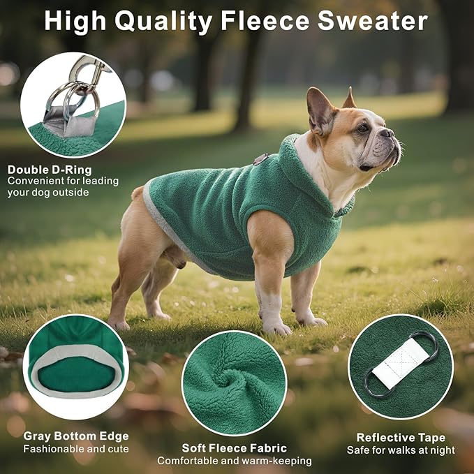 Idepet 2 Pack Dog Fleece Vest Sweater Warm Pullover Jacket with D-Ring Leash Reflective Winter Coat Hoodie for French Bulldog Pug Chihuahuas Yorkies Dachshunds(Dark Green&Grass Green,Medium)