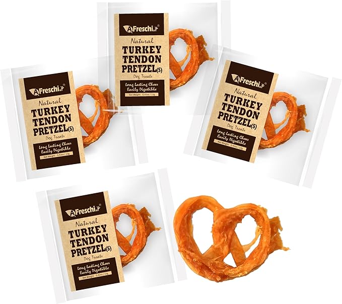 AFreschi Turkey Tendons for Dogs, USA-Sourced, Healthy Dog Treats, Rawhide-Free Puppy Chews, Long Lasting, All Natural, Hypoallergenic Dog Treats for Small Breeds, 4 Count Pack Pretzel (S)