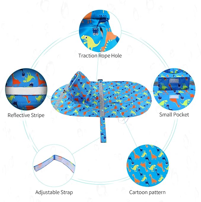 NACOCO Large Dog Raincoat Adjustable - Pet Dinosaurs Water Proof Clothes Lightweight Rain Jacket Poncho Hoodies with Strip Reflective Blue (XXL, Blue Dinosaur)