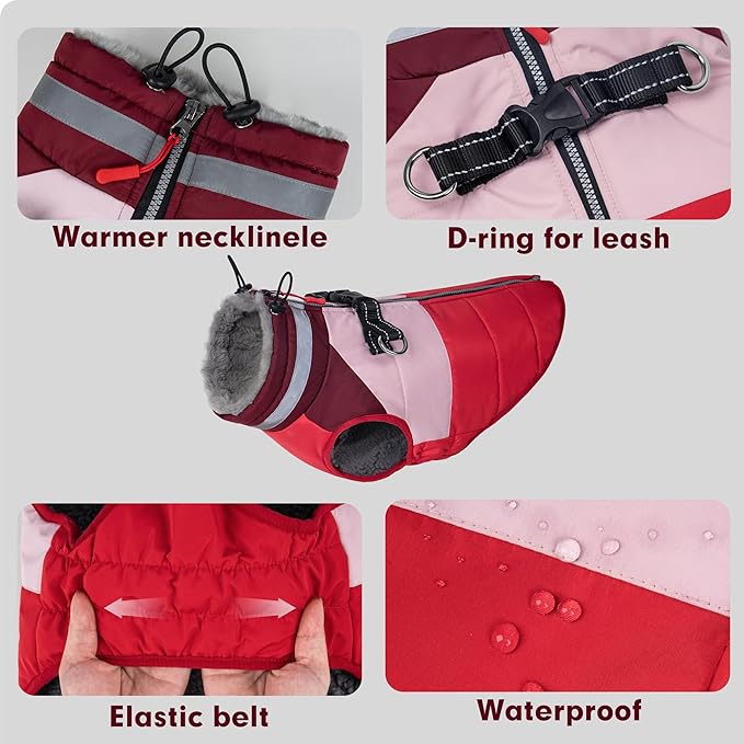 azuza Dog Jacket for Medium Dogs Waterproof Dog Coat with Reflective Strips and Harness Built in Warm Fleece Dogs Winter Coat Windproof with Back Zipper, Red XL