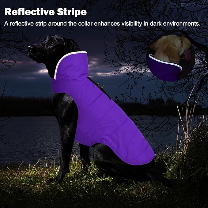 Dog Winter Coat, Waterproof Dog Jacket with Leash Hole, Reflective Adjustable Pet Snow Vest, Warm Fleece Sweater for Small Medium Large Dogs - Purple, XS