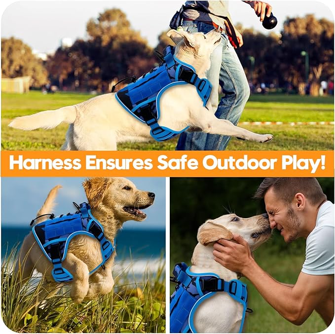 Heavy-Duty Tactical Dog Harness for Large Dogs, No Pull Adjustable Reflective Pet Vest with Molle System, K9 Military-Grade Control for Service Training, Outdoor & 10+ Breeds, Blue Camo, X-Large