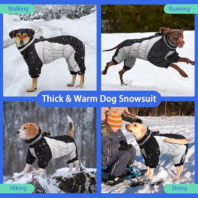 MIGOHI Full Body Dog Coat - Warm Reflective Large Dog Winter Coat with Harness,Turtleneck Fleece Jacket for Dogs,Four-Leg Windproof Puffer Jackets Snowsuit with Zipper for Small Medium Large Dogs,2XL