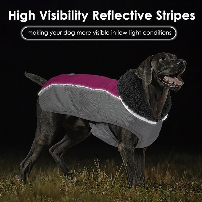 Dog Coat, Waterproof Ripstop Dog Winter Jacket with Leash Hole, Reflective Adjustable Warm Pet Fleece Snow Sweater for Small Medium Large Dogs - Rosy Red, XL