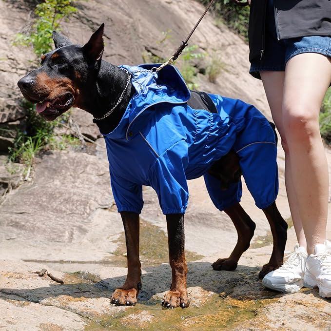 LOVELONGLONG Waterproof Dog Raincoat with Removable Hood – Outdoor Full Body Dog Jacket, Windproof Snowproof Shell Suit – All Season Pet Rain Gear Blue L