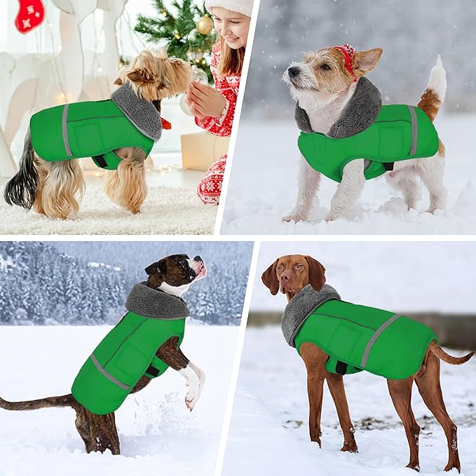Dogcheer Warm Dog Coat, Waterproof Dog Jacket Christmas Puppy Winter Coat with Buckle, Reflective Adjustable Pet Snow Jacket Turtleneck Fleece Sweater for Small Medium Large Dogs - Green, XL