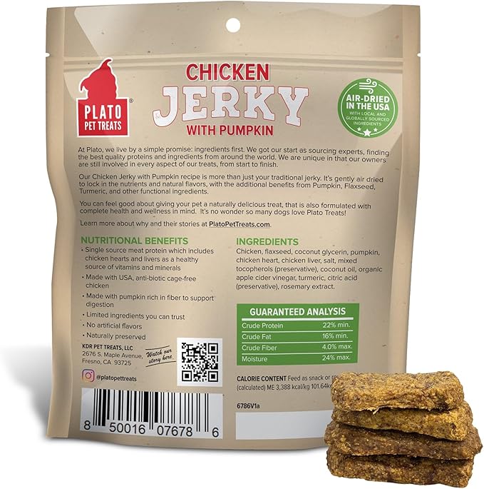 PLATO Pet Treats Dog Treats - Air-Dried Jerky for Dogs - Delicious, Real Meat Dog Treats - Grain Free - Supports Healthy Digestion - Chicken Jerky with Pumpkin 7oz