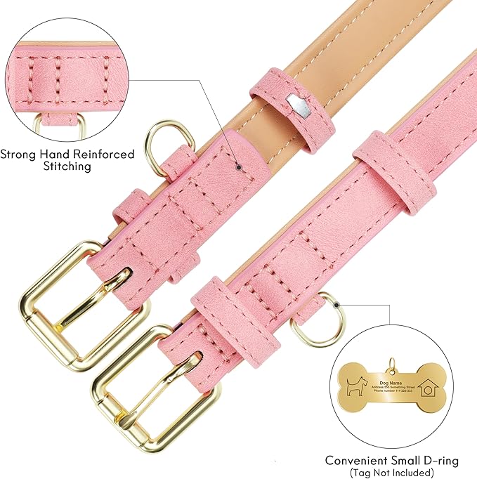 Leather Dog Collar for Small Medium Large Dogs, Soft Padded Dog Leather Collar with Heavy Duty Gold Buckle, Durable & Comfortable for Small Dogs Daily Walking (Pink, S)
