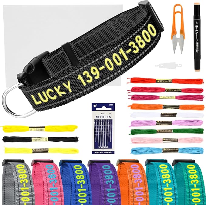 Personalized Embroidered Dog Collar - Custom Hand-Stitched Name & Number, Reflective Adjustable Pet Collar for Small/Medium/Large Dogs & Cats, Durable Nylon with Steel D-Ring (Black, Medium)