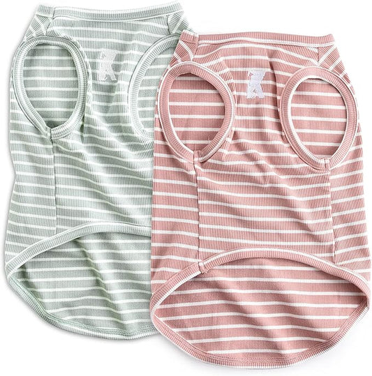 Koneseve Dog Shirt Vest Lightweight Stretchy Dog T-Shirts Soft Cool Sleeveless Stripe Vests Breathable Clothes for Puppy Kitty Cats Small Medium Large Dogs 2 Pack Pink + Green [ 2XL ]