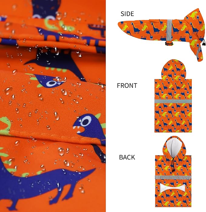 NACOCO Large Dog Raincoat Adjustable - Pet Dinosaurs Water Proof Clothes Lightweight Rain Jacket Poncho Hoodies with Strip Reflective Blue (XXL, Orange Dinosaur)