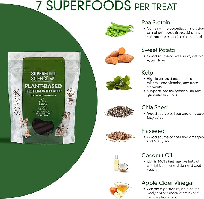 Hypoallergenic Healthy Dog Treats: Plant-Based Vegetarian Dog Snacks w/ Kelp, Sweet Potato, Chia, Flaxseed, Coconut Oil for Skin & Coat, Grain & Gluten-Free Vegan Protein Dog Treats Training, 5 oz