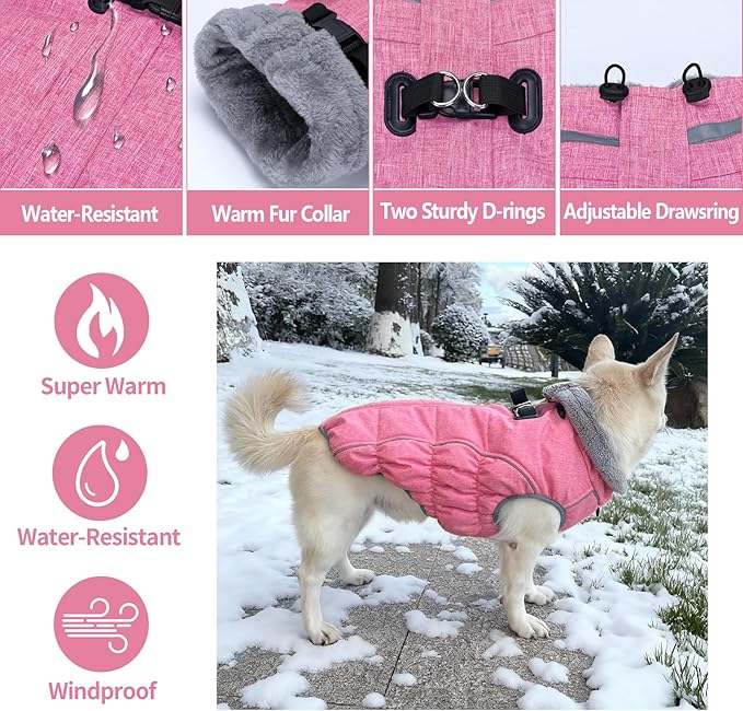 Malier Dog Coat, Reflective Dog Jacket Waterproof Windproof Puppy Cold Weather Coats with Harness Built in, Winter Extra Warm Pet Coat Fleece Vest for Small Large Pets and Puppy (Pink, X-Large)