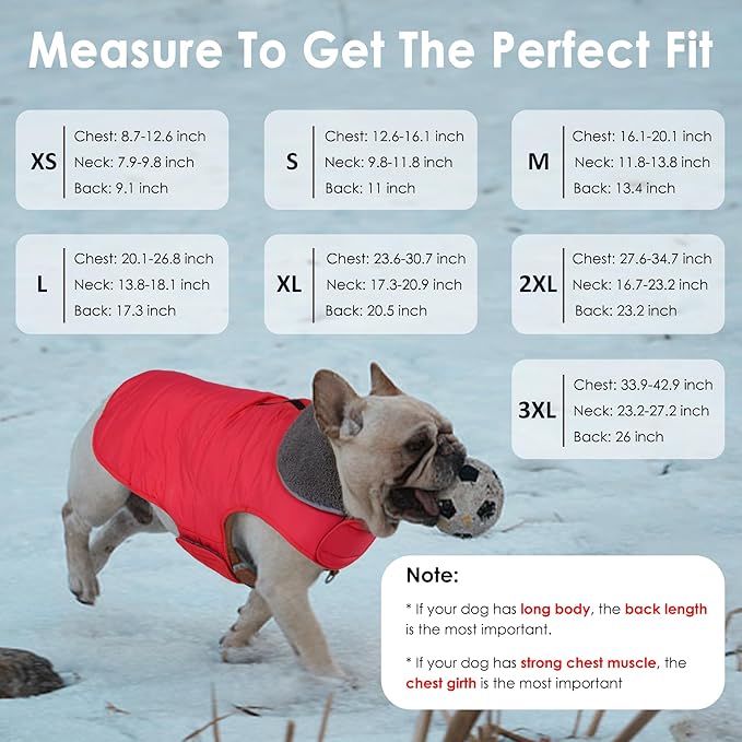 Dog Winter Coat, Waterproof Dog Jacket with Leash Hole, Reflective Adjustable Pet Snow Vest, Warm Fleece Sweater for Small Medium Large Dogs - Red, 2XL