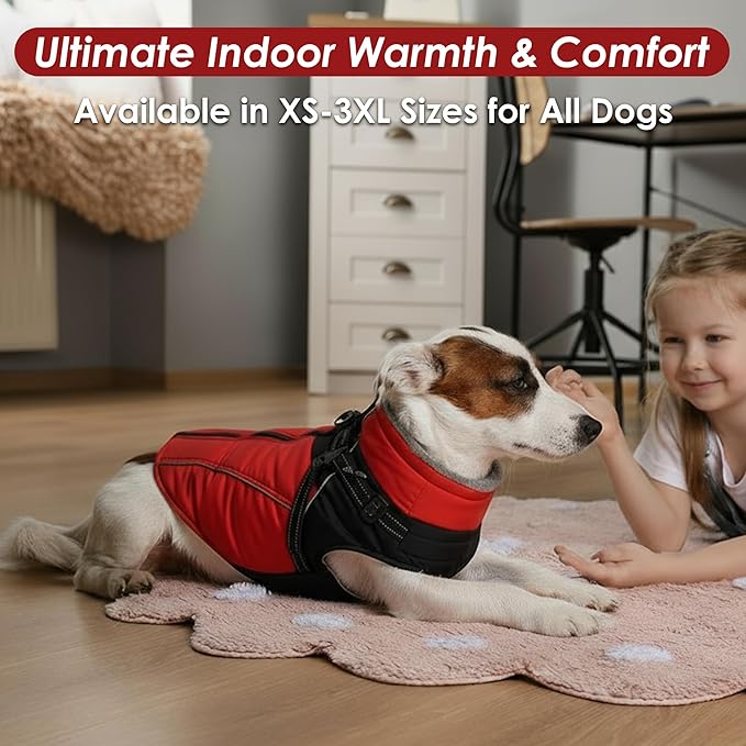ASENKU Reflective Dog Coat with Built-in Harness, Windproof Fleece-Lined Dog Jacket for Small, Medium, Large Dogs, Warm Winter Vest with Turtleneck & Zipper (Red L)