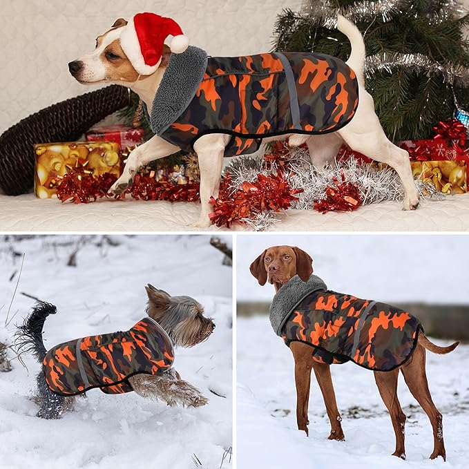Dogcheer Warm Dog Coat, Waterproof Dog Jacket Christmas Puppy Winter Coat with Buckle, Reflective Adjustable Pet Snow Jacket Turtleneck Fleece Sweater for Small Medium Large Dogs - Orange Camo, 3XL