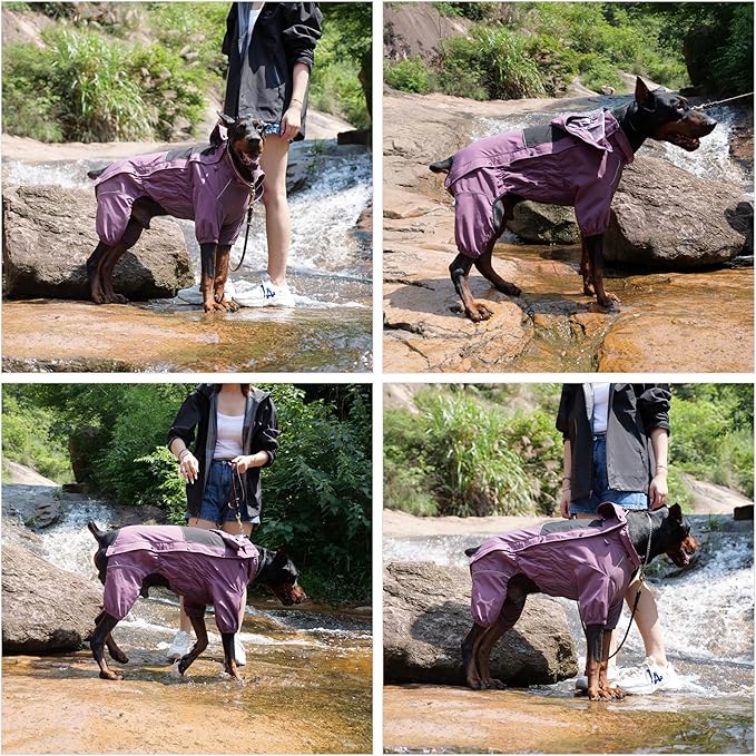 LOVELONGLONG Waterproof Dog Raincoat with Removable Hood – Outdoor Full Body Dog Jacket, Windproof Snowproof Shell Suit – All Season Pet Rain Gear Plum Purple S