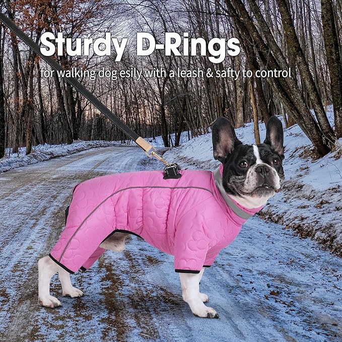 Four Legged Dog Winter Coat for Small Dogs, Warm Puppy Onesie Clothes Christmas, Reflective Turtleneck Dog Jacket with Buckles & D-Rings, Puffer Cold Weather Coat Zipper