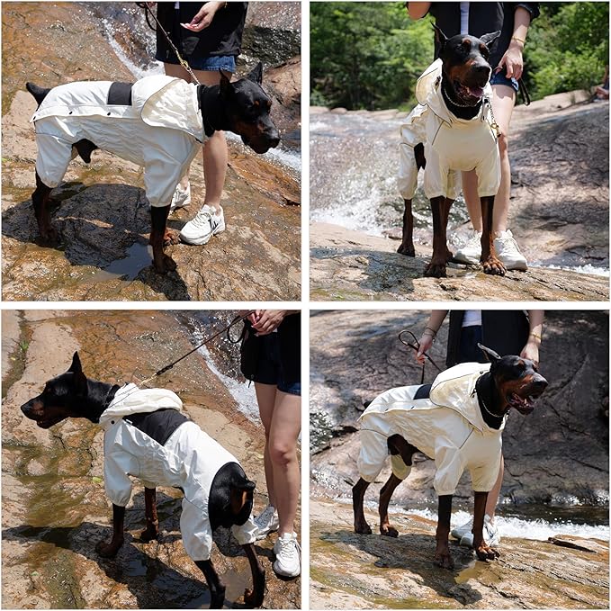 LOVELONGLONG Waterproof Dog Raincoat with Removable Hood – Outdoor Full Body Dog Jacket, Windproof Snowproof Shell Suit – All Season Pet Rain Gear Ivory 4XL