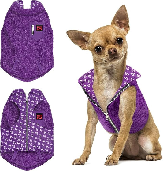Tuff Pupper Reversible Fleece Sweater Vest for Dogs | Lightweight Comfortable Insulated Jacket | Front Zip Closure | Machine Washable | Built-in Leash Hole | Sizes for All Breeds (Small, Purple)