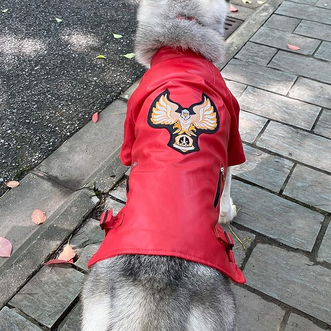 Lovelonglong Cool Dog Leather Jacket, Warm Coats Dogs Windproof Cold Weather Coats for Large Medium Small Dogs with Eagle Embroidery Red L-M