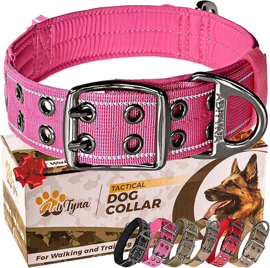 ADITYNA Heavy Duty Dog Collar for Medium Dogs - Reflective Pink Girl Collar with Handle for Training, and Walking - Wide, Thick, Tactical, Soft Neoprene Padded