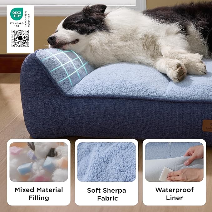 Bedsure XL Plus Orthopedic Dog Beds Large Sized Dog - Extra Thick Supportive Dogs Couch with Waterproof Washable Cover, Jumbo Comfort Pet Bed Sofa with Soft Plush Sherpa and Nonskid Bottom, Blue, 48"