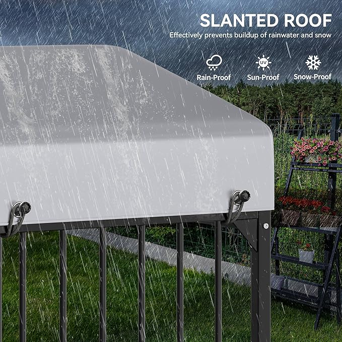 DWVO Outdoor Dog Enclosure with Rotating Feeder Bowls, 4'L x 4'W x 5'H Dog Kennel Outside with Roof, Heavy Duty Dog Cage with UV-Resistant Waterproof Cover for Small Medium Dogs