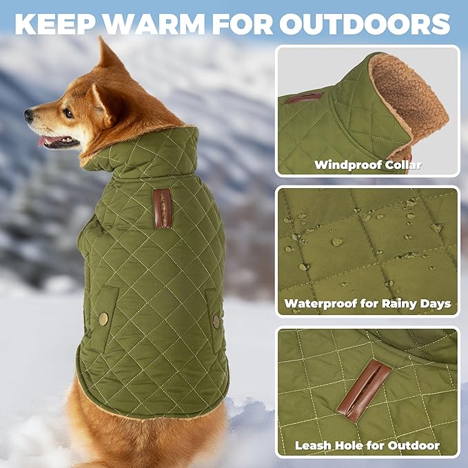 Dog Winter Coat, Waterproof Warm Dog Jackets for Large Dogs Boy, Adjustable Pet Vest Windproof Cold Weather Clothes Dogs Snowsuit with Leash Hole, Green XX-Large
