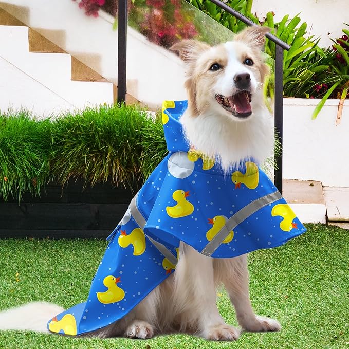 NACOCO Large Dog Raincoat Adjustable-Pet Rubber Ducks Yellow Water Proof Clothes Lightweight Rain Jacket Poncho Hoodies with Strip Reflective Blue (Blue XXXL, Yellow Duck)
