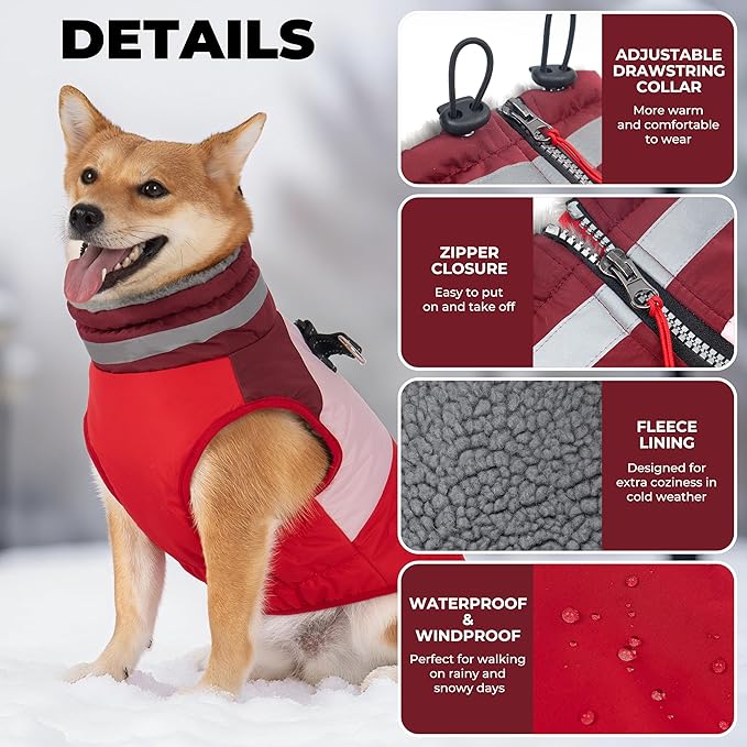 Dog Coat, Waterproof Dog Winter Jacket with Harness Built in, Turtleneck Warm Doggie Cold Weather Coats, Reflective Pet Vest for Indoor & Outdoor, Windproof Dogs Snowsuit, Red Large