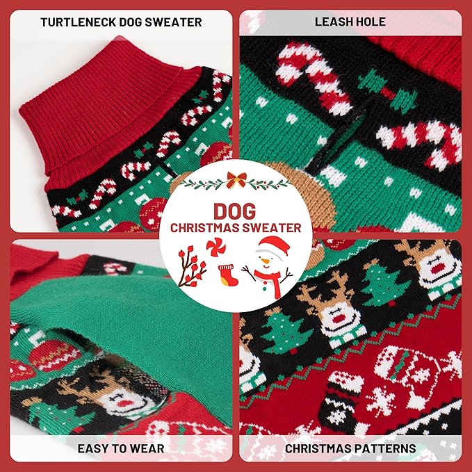 cyeollo Dog Christmas Sweater, Turtleneck Warm Sweater for Small Dogs Soft Xmas Clothes with Leash Hole Holiday Clothes for Pet Female & Male, L