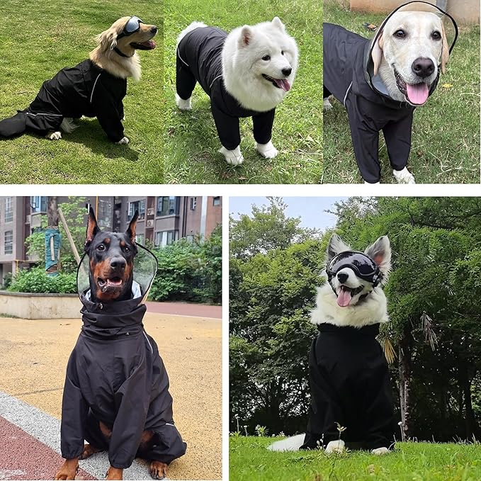 Dog Raincoat for Medium Large Dogs,rain Jacket Coat, Full Leg Coverage Waterproof Rain Suit with Detachable Hood & Tail, Reflective Strips, Snag-Free Top Zipper (Black for Girl, X-Large)