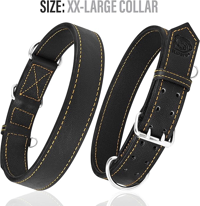 Riparo Dog Collar - Genuine Leather Dog Collars - Heavy Duty Dog Collars for Medium Large and Extra Large Dog Breeds (XL: 1.5” Wide for 22” - 26” Neck, Black/Orange Thread)
