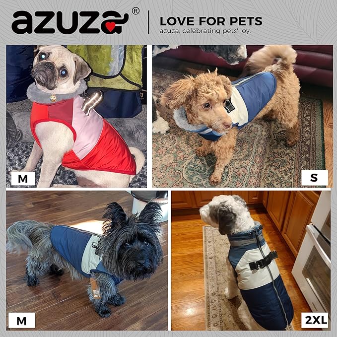 azuza Dog Jacket for Small Dogs Waterproof Dog Coat with Reflective Strips and Harness Built in Warm Fleece Dogs Winter Coat Windproof with Back Zipper, Navy L