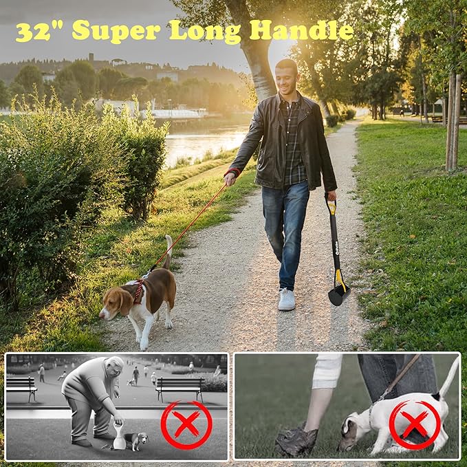 Large Dog Pooper Scooper for Yard - 32" Long Handle, No Bending, Grass-Friendly, Easy to Clean, Durable & Sturdy, 2-Pack