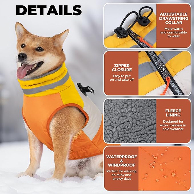 Dog Coats for Small Dogs, Waterproof Warm Dog Winter Jacket with Harness Built in, Reflective Puppy Cold Weather Coats Zip-up Pet Vest with Fleece Lined Dogs Snowsuit, Orange Small