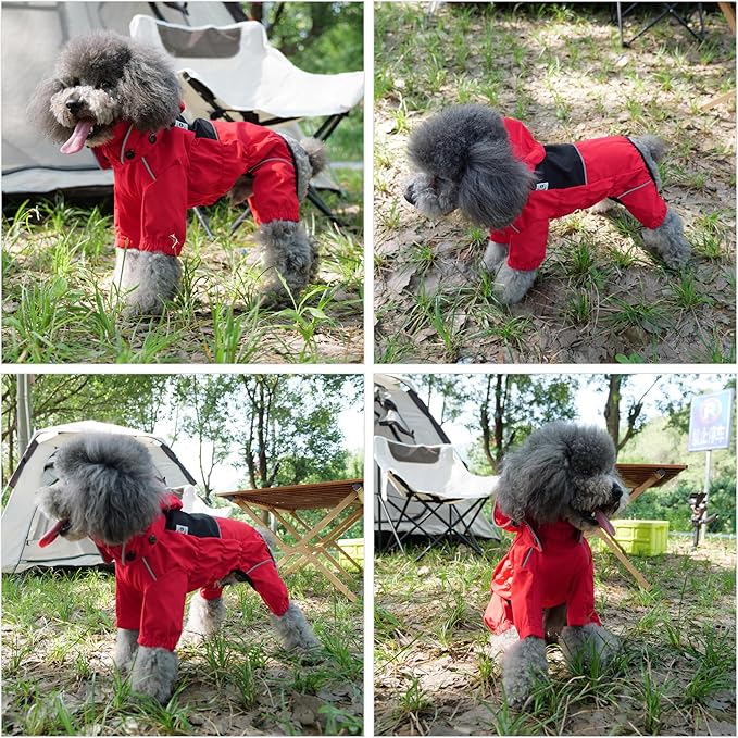 LOVELONGLONG Waterproof Dog Raincoat with Removable Hood – Outdoor Full Body Dog Jacket, Windproof Snowproof Shell Suit – All Season Pet Rain Gear Red XXL