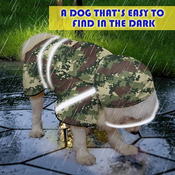 Dog Raincoat, Adjustable Rain Jacket with Hooded Double Layer for Large Medium Small Dogs Puppies, Lightweight Waterproof Rain Coat Poncho with Reflective Stripe Mosaic Camouflage Green,L