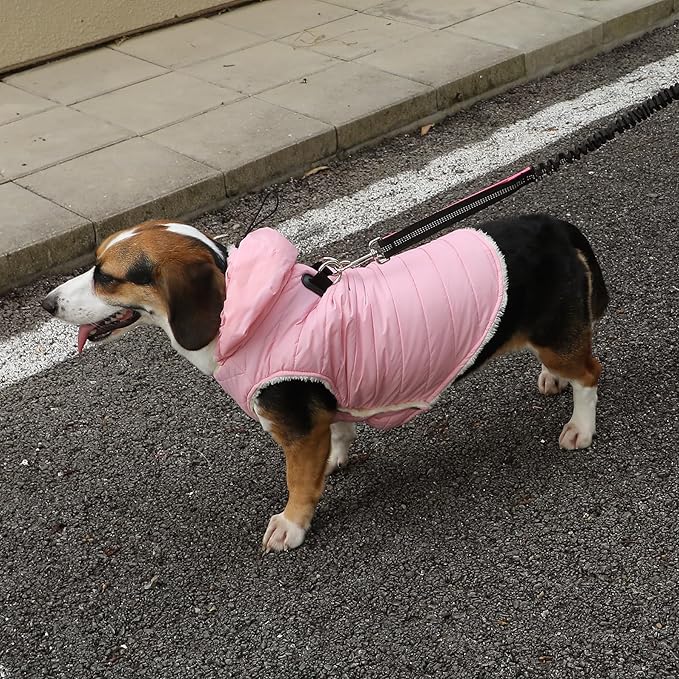 Fleece Lining Dog Hoodie with Harness Built in,Extra Warm Large Dog Jacket in Winter Doggie Coats with Drawstring Hooded,Light Pink XXL