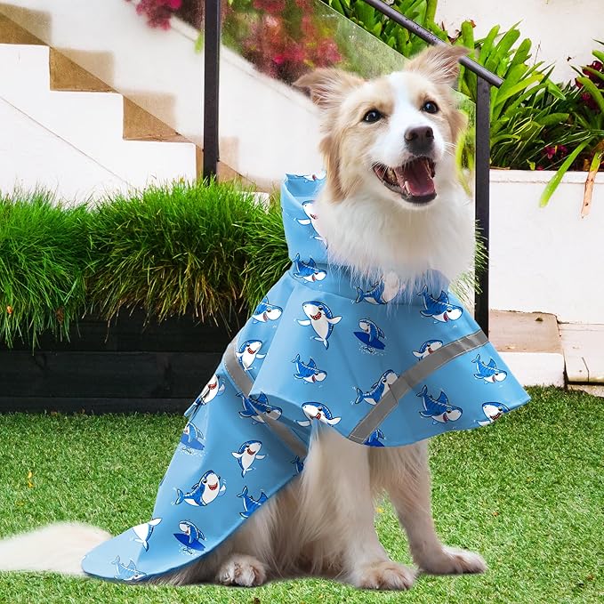 NACOCO Large Dog Raincoat Adjustable - Pet Shark Water Proof Clothes Lightweight Rain Jacket Poncho Hoodies with Strip Reflective Blue (XL, Blue Shark)