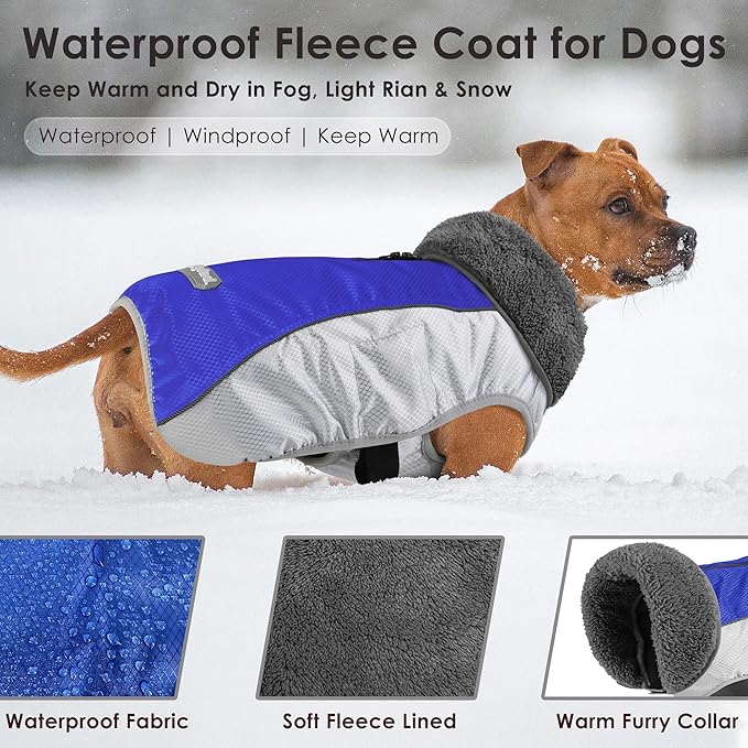 Dog Coat, Waterproof Ripstop Dog Winter Jacket with Leash Hole, Reflective Adjustable Warm Pet Fleece Snow Sweater for Small Medium Large Dogs - Blue, 3XL