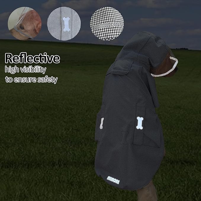 Waterproof Dog Raincoat, Adjustable Reflective Lightweight Pet Rain Clothes with Poncho Hood(Large,Black&White)