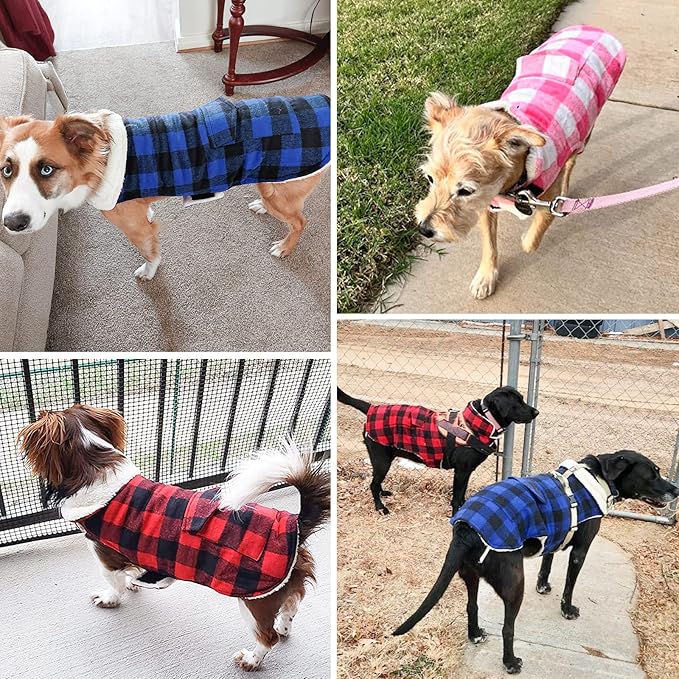 Malier Classic Plaid Fleece Dog Coat - Warm Winter Jacket with Pocket, Windproof, Blue, X-Large