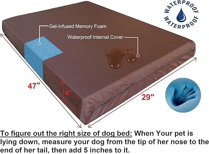 Dogbed4less Extra Large Human Mattress Grade Orthopedic Gel Infused Memory Foam Dog Bed, Strong Waterproof Liner with Durable Washable Canvas Cover, 47X29X4 Inch, Black (Fit 48X30 Crate)