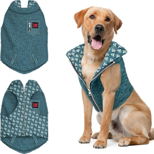 Tuff Pupper Reversible Fleece Sweater Vest for Dogs | Lightweight Comfortable Insulated Jacket | Front Zip Closure | Machine Washable | Built-in Leash Hole | Sizes for All Breeds (Large, Teal)